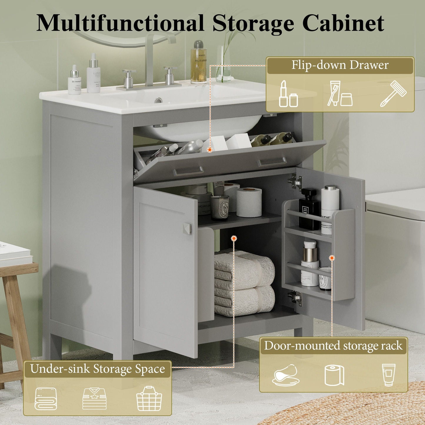 Bathroom Vanity With Ceramic Sink, Modern Single Bathroom Cabinet With 2 Doors And A Shelf, Soft Close Doors