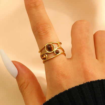 Stainless Steel Openwork Pearl & Tiger Eye Ring