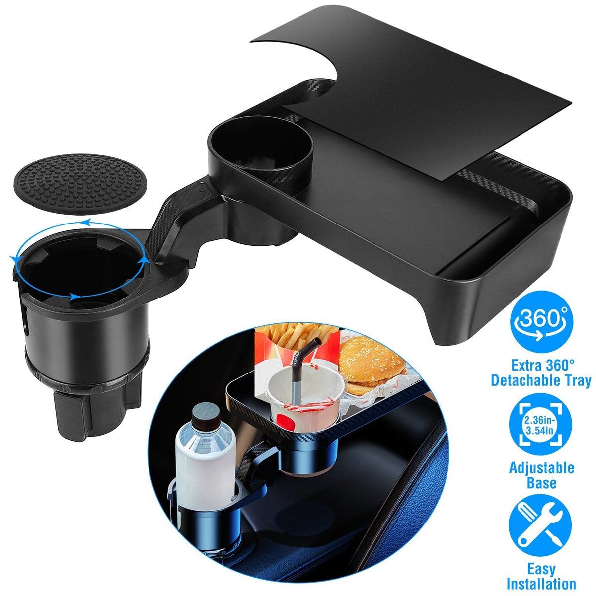 Car Cup Holder TrayÊ360¡ Rotating Car Bottle Holder Expander Adapter Multifunctional Water Cup Mount Stand with Detachable Tray