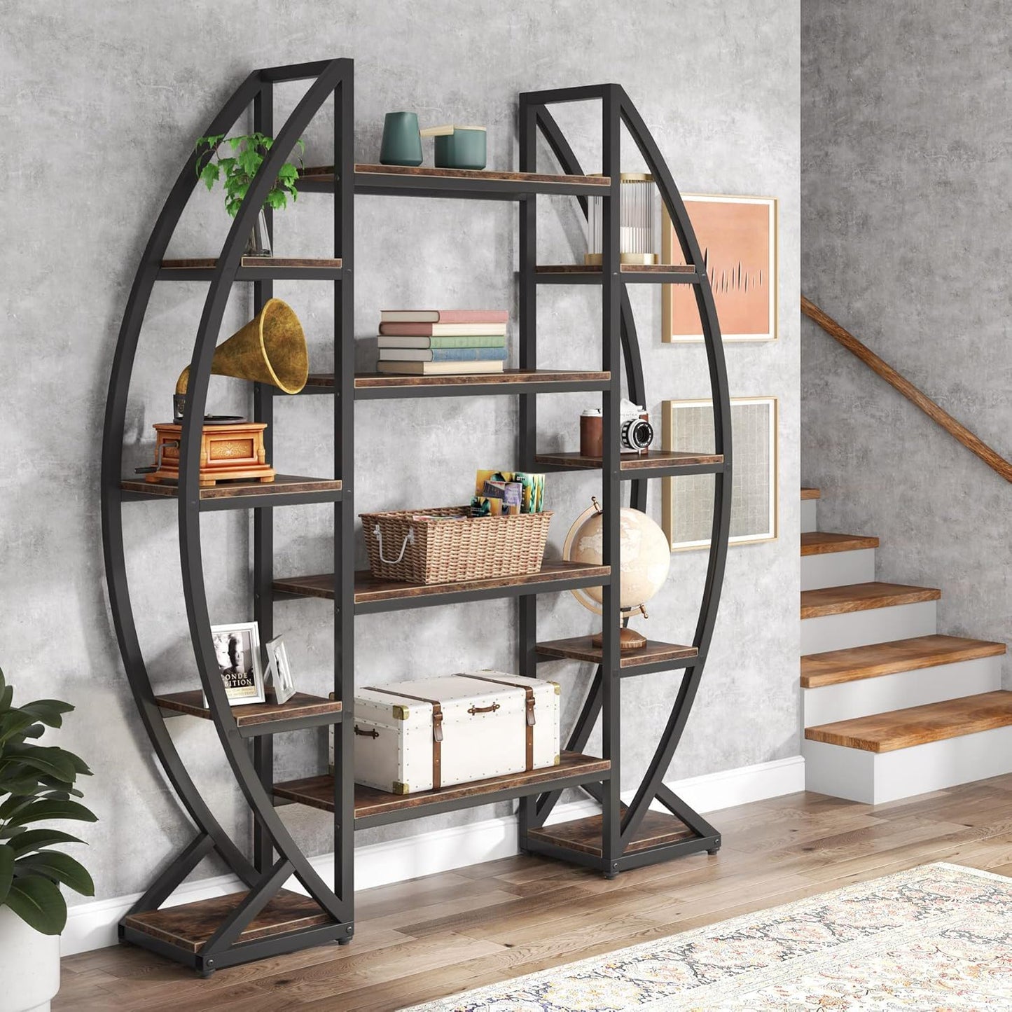 Triple Wide Oval Etagere Bookcase With Shelves For Living Room