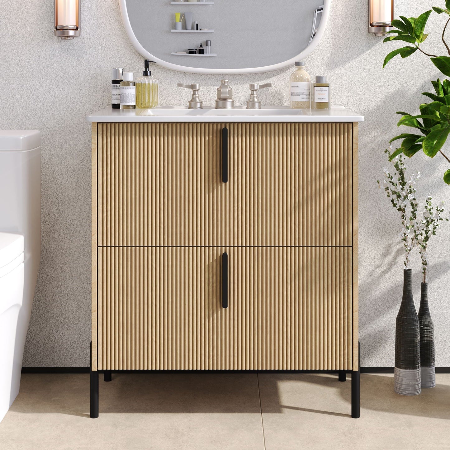 Bathroom Vanity With Ceramic Sink, Fluted Design