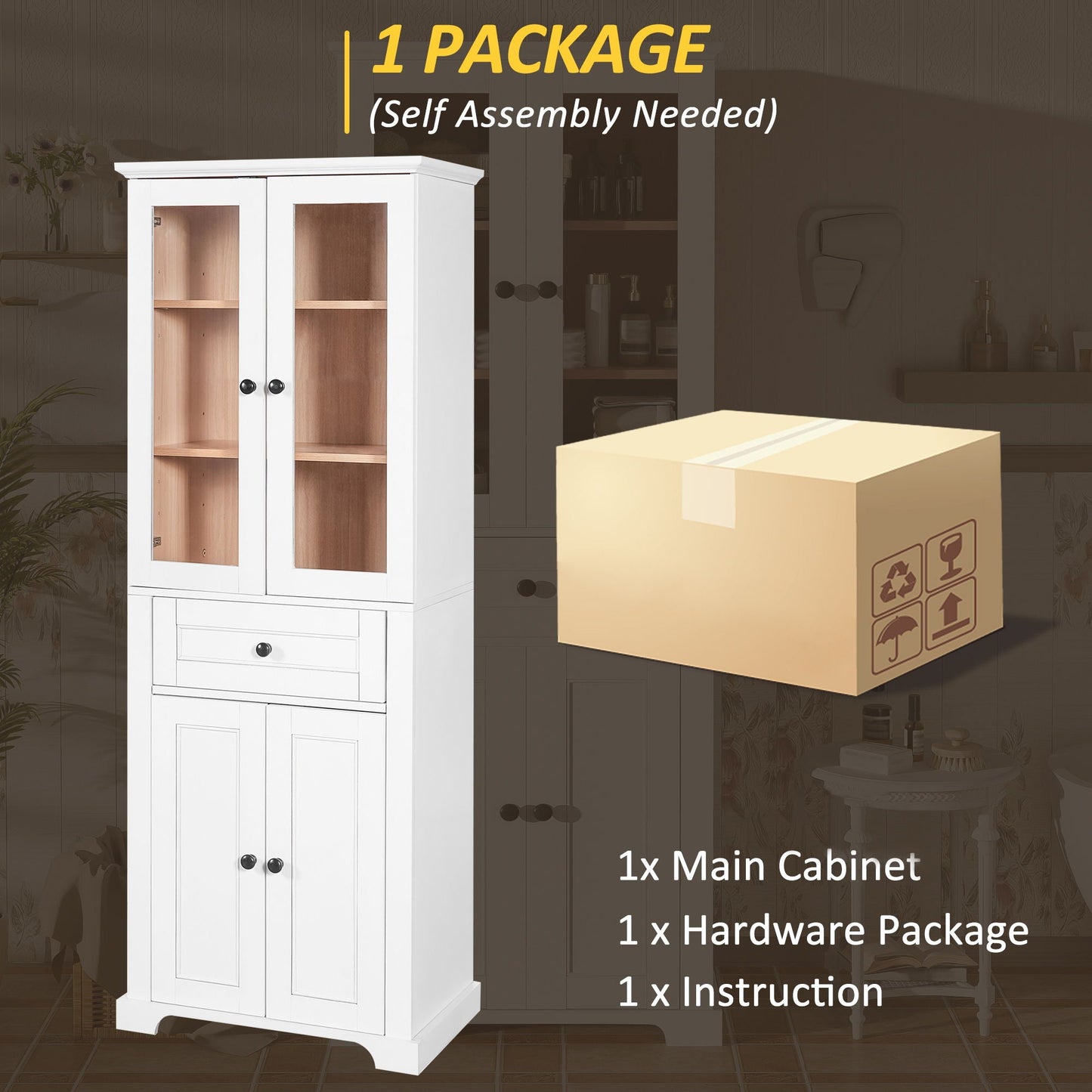 Bathroom Storage Cabinet, Adjustable Shelves & Drawer, Freestanding Tower