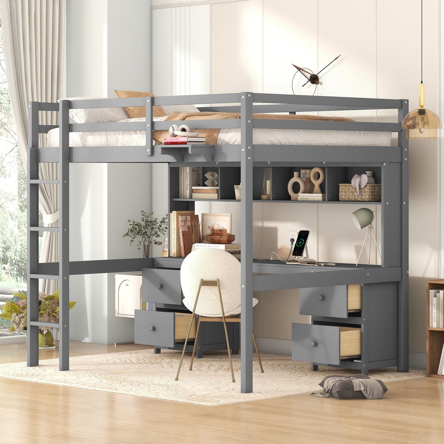 Loft Bed With Desk, Cabinets, Drawers, Charging Station And Bedside Tray