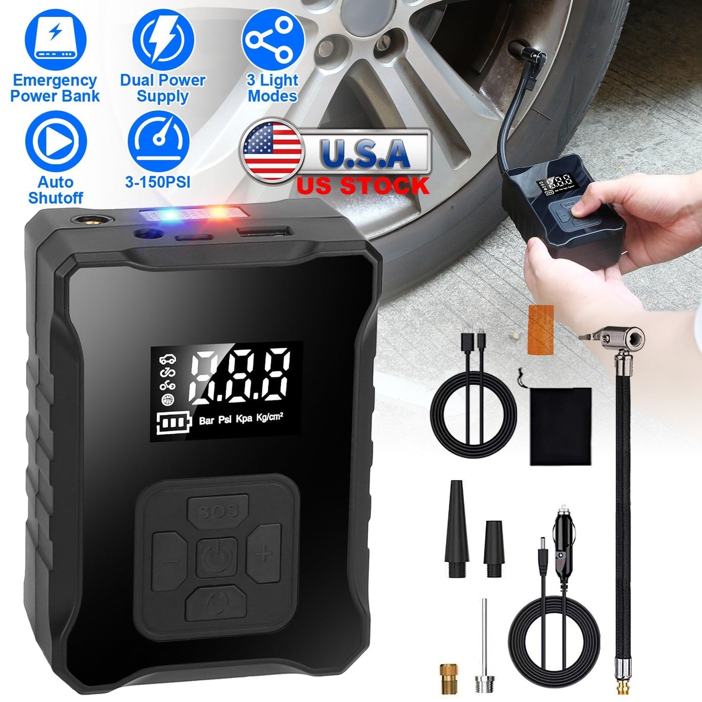 150PSI Cordless Tire Inflator with Car Charger Digital Air Compressor with LED Light Emergency Power Bank for Cars Motorcycles Bicycles Balls