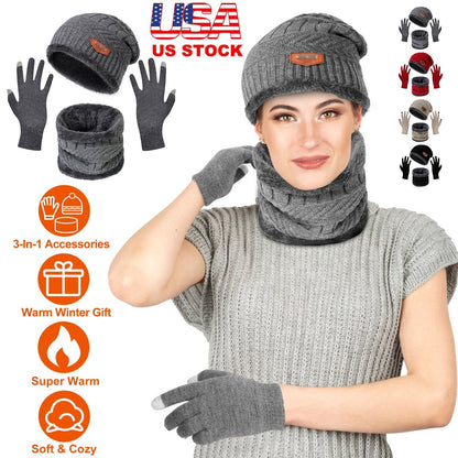 Winter Knitted Hat Scarf Gloves 3Pcs Winter Warm Beanie and Touch Screen Gloves Scarf Set Knit Beanie Skull Cap Neck Warmer Mittens for Men Women