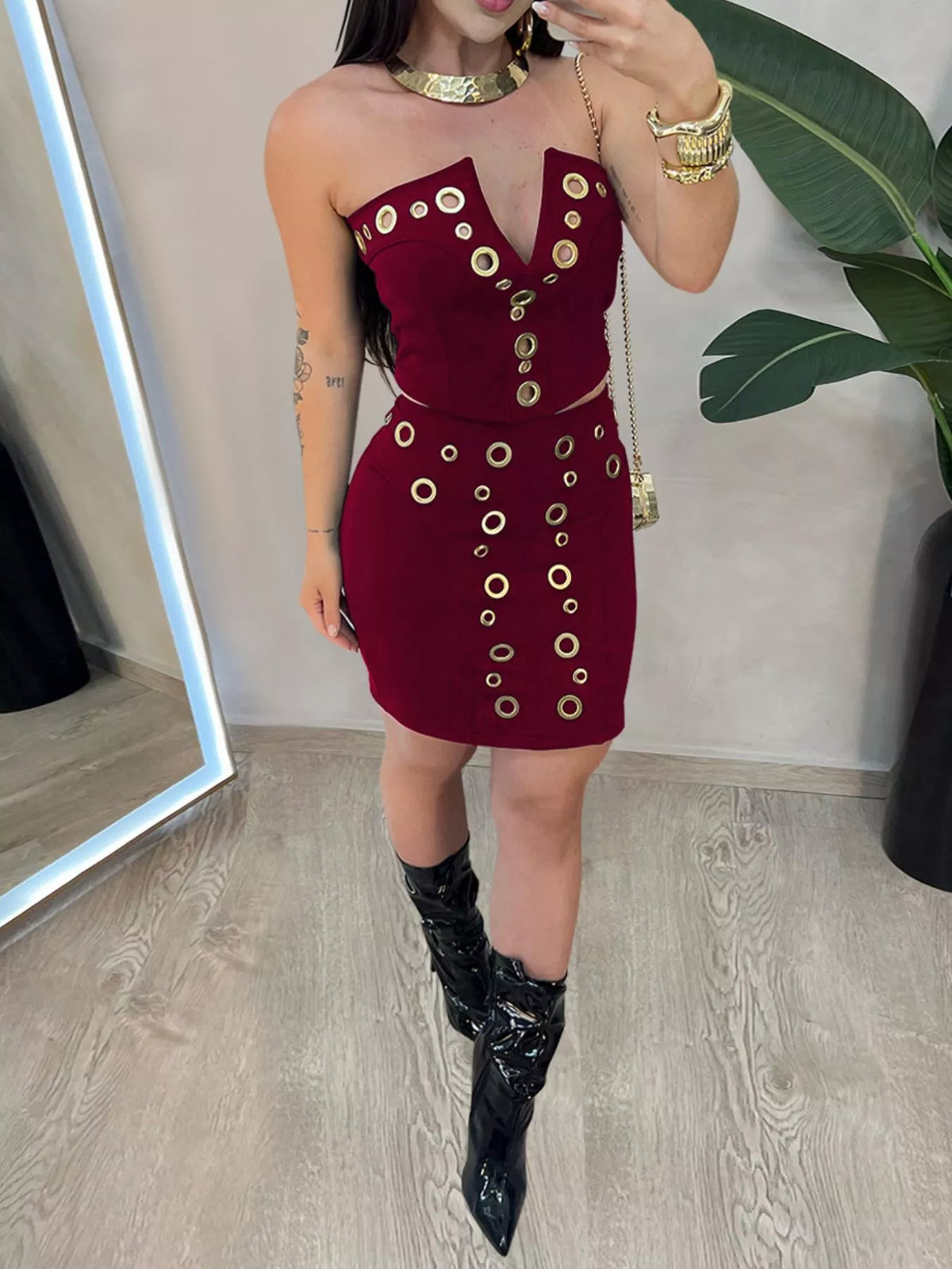 Grommet Crop Top and Mini Skirt Set