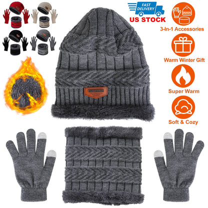 Winter Knitted Hat Scarf Gloves 3Pcs Winter Warm Beanie and Touch Screen Gloves Scarf Set Knit Beanie Skull Cap Neck Warmer Mittens for Men Women