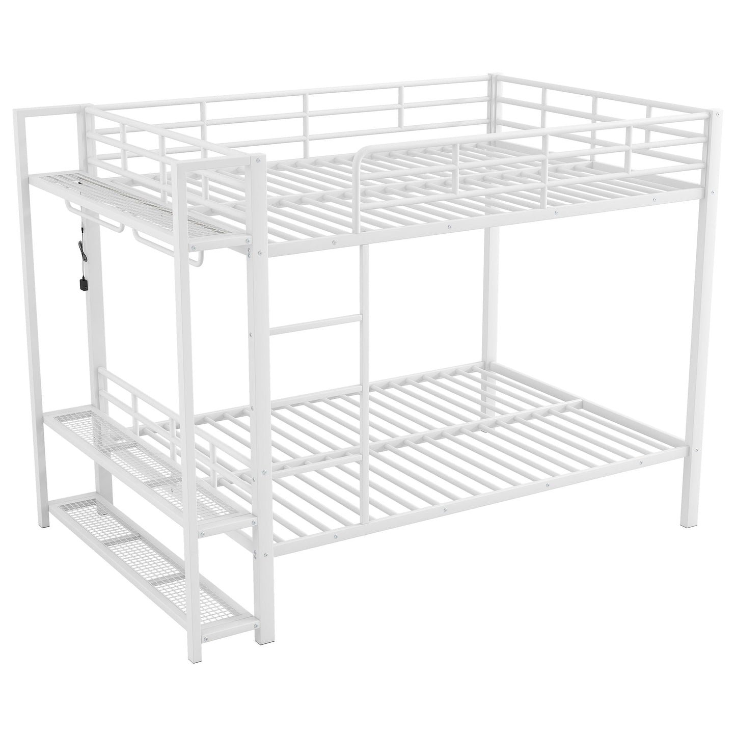 Bunk Bed With Storage Shelves, Clothes Hooks, LED Light