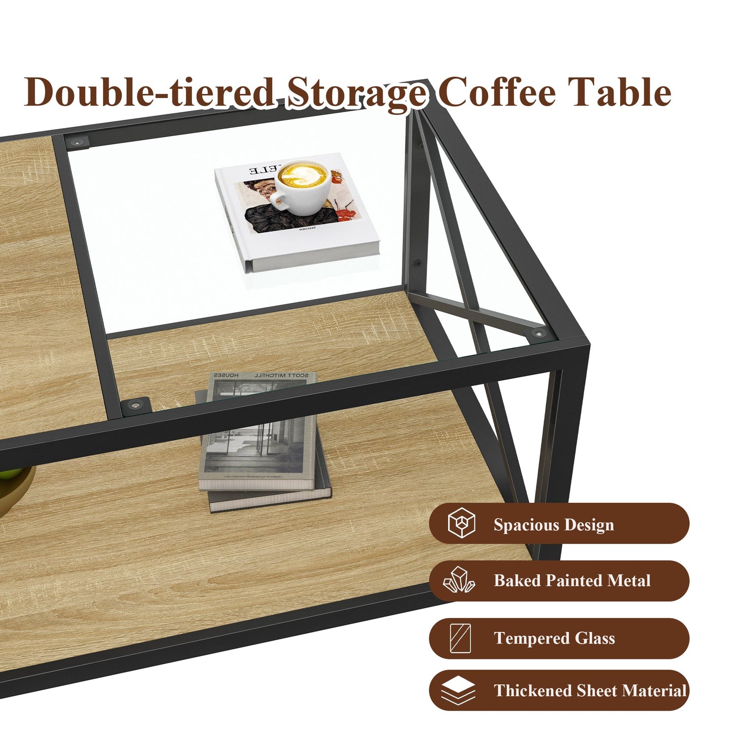 Modern Coffee Table with Tempered Glass and Natural Wood MDF Top