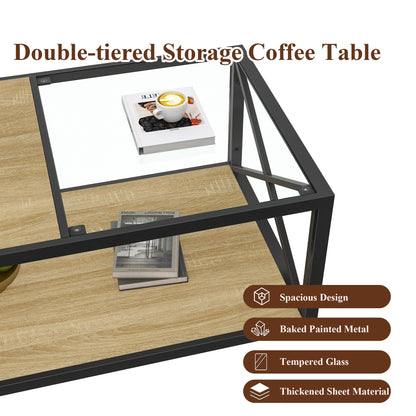 Modern Coffee Table with Tempered Glass and Natural Wood MDF Top