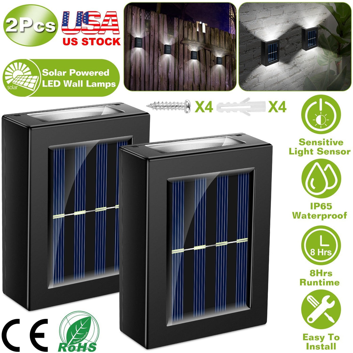 2Pcs Solar Deck Lights Outdoor 2LED Beads Waterproof Sensor Fence Stair Lamps For Patio Landscape Yard White Lighting Color