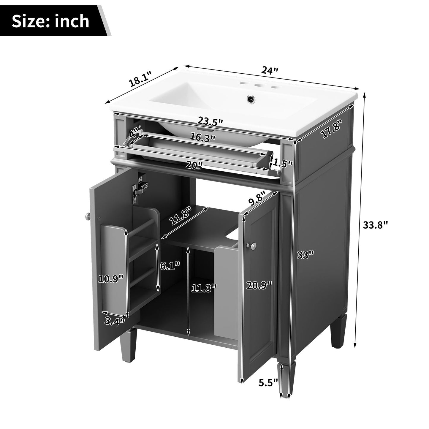 Bathroom Vanity With 2 Doors And Tip Out Drawer, Soft Closing Hinges