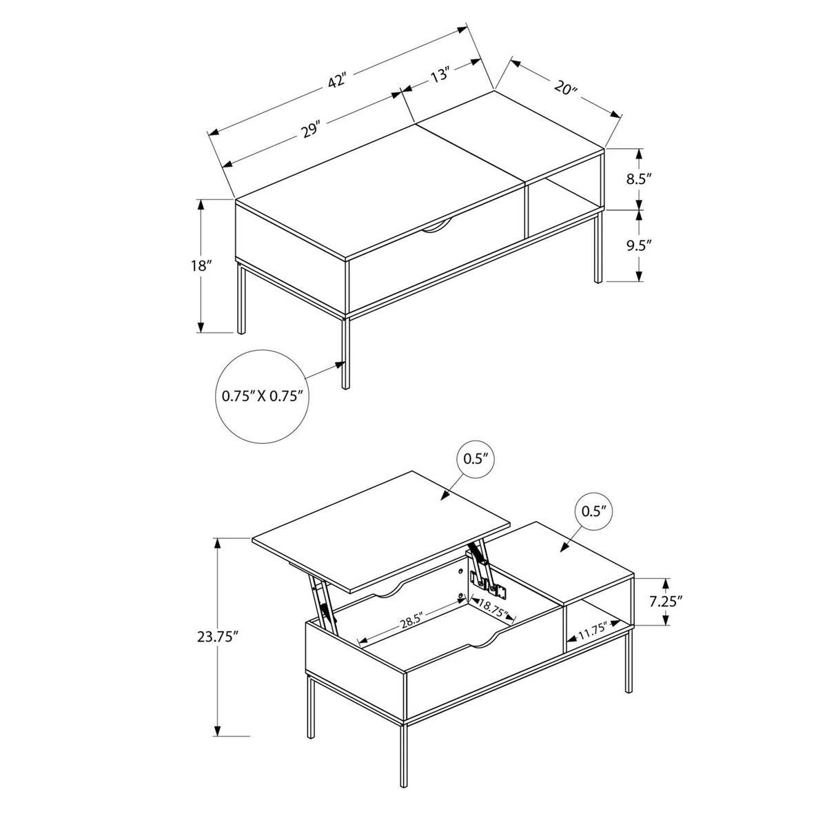 Table, Rectangular, Cocktail, Functional Lift-Top, Contemporary & Modern