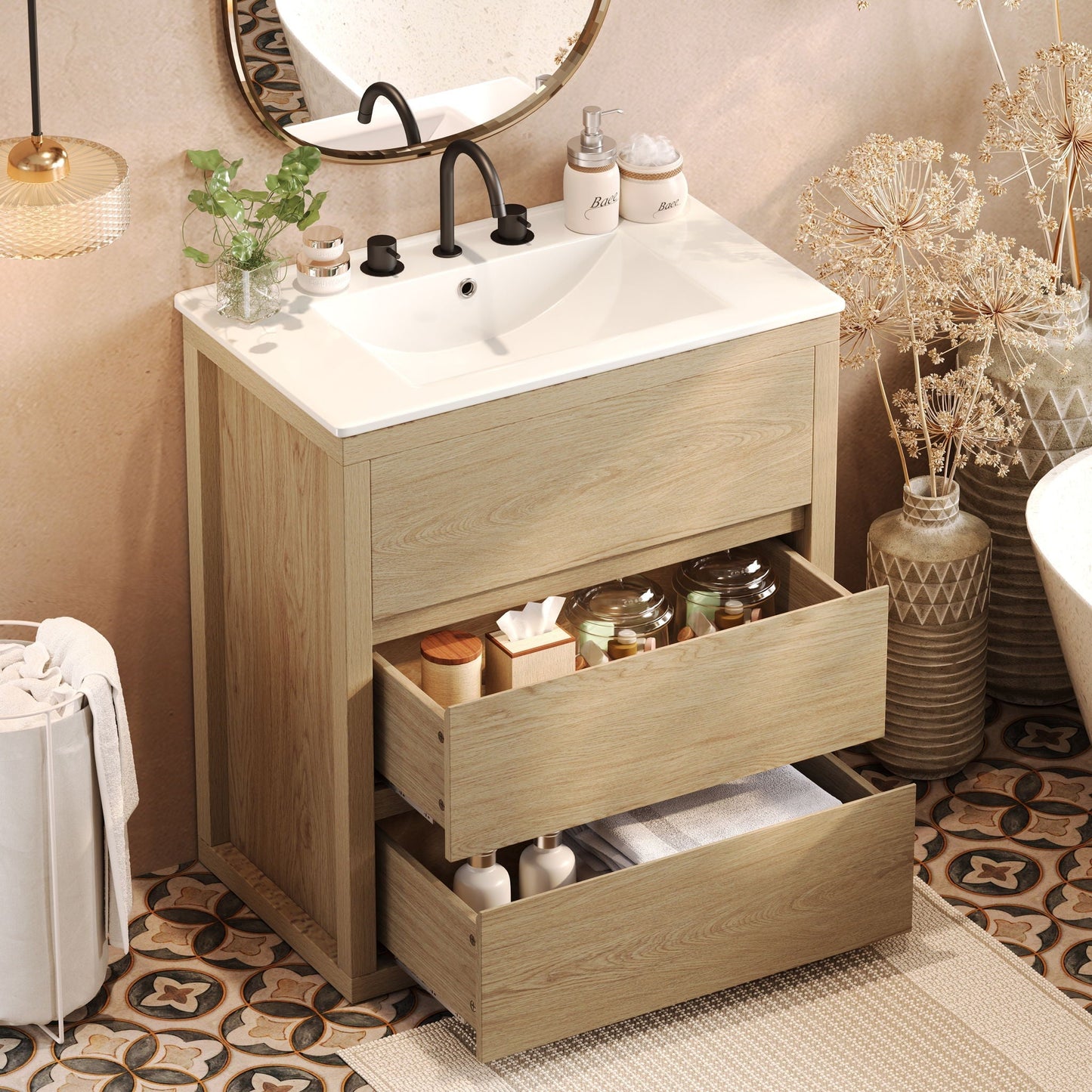Freestanding Bathroom Vanity with Ceramic Sink and 2 Full Extension Drawers
