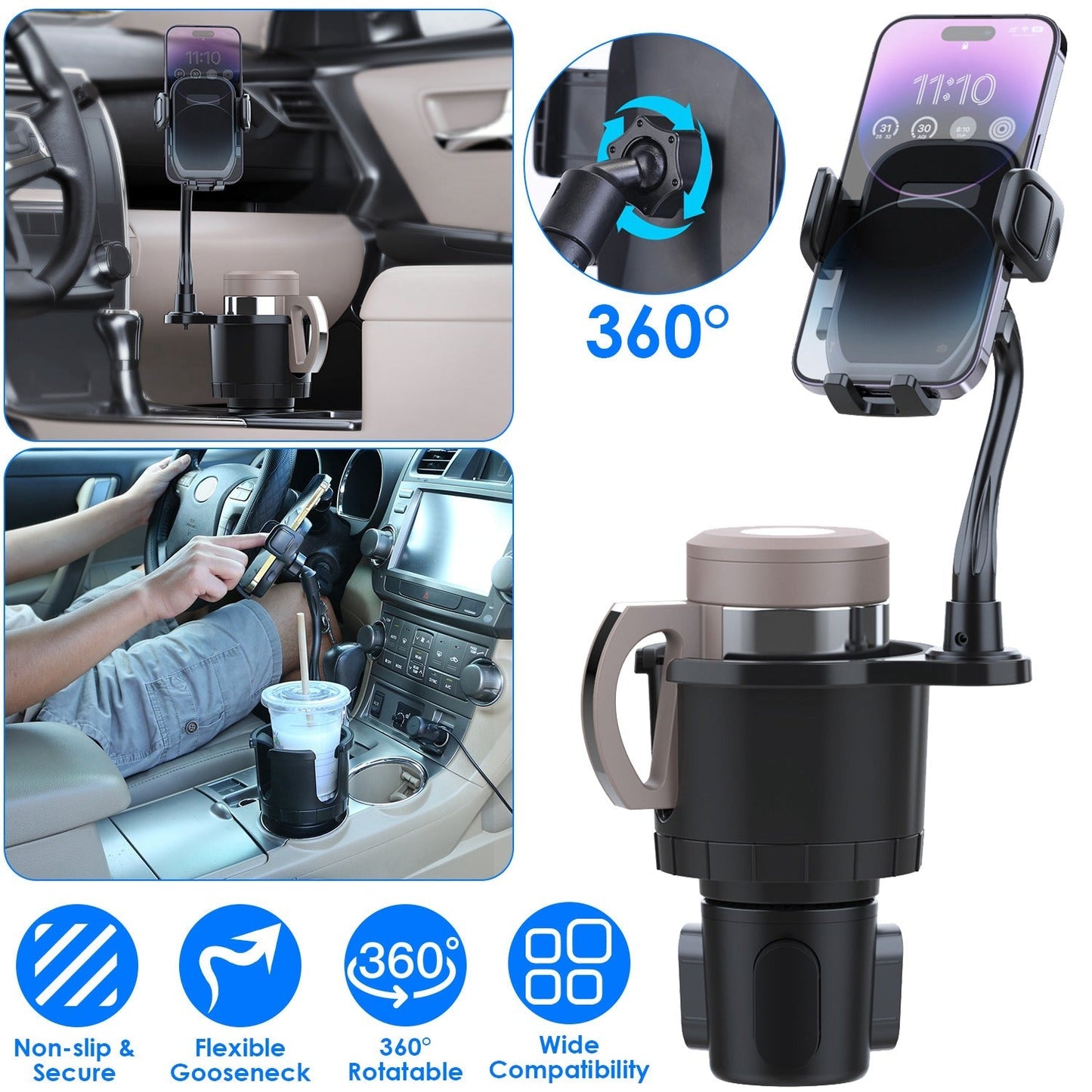 2 In 1 Car Cup Phone Holder Automotive Drink Holder with 360¡ Rotating Gooseneck Phone Mount Adjustable Base Fit for Most Phones Cups Vehicles