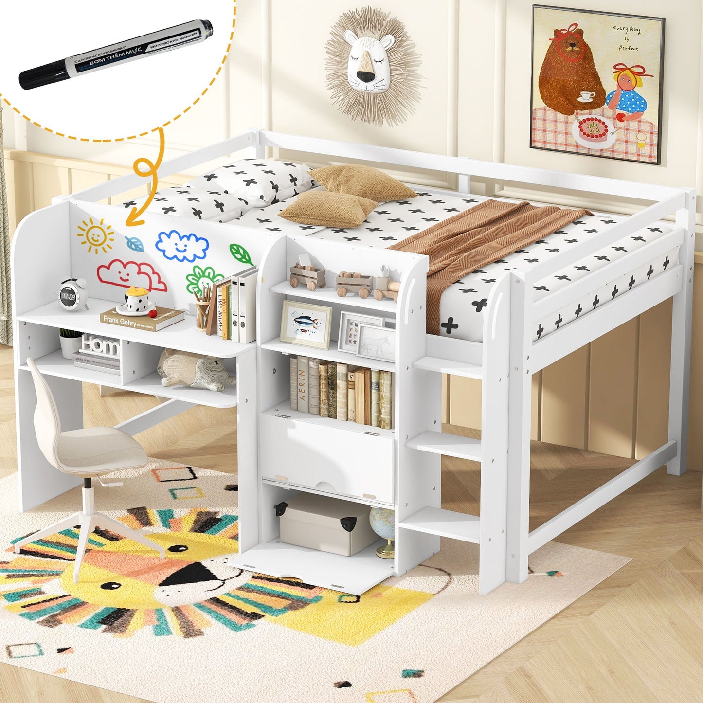 Low Loft Bed With Built In Desk, Storage Cabinets, Open Bookcase And Doodle board