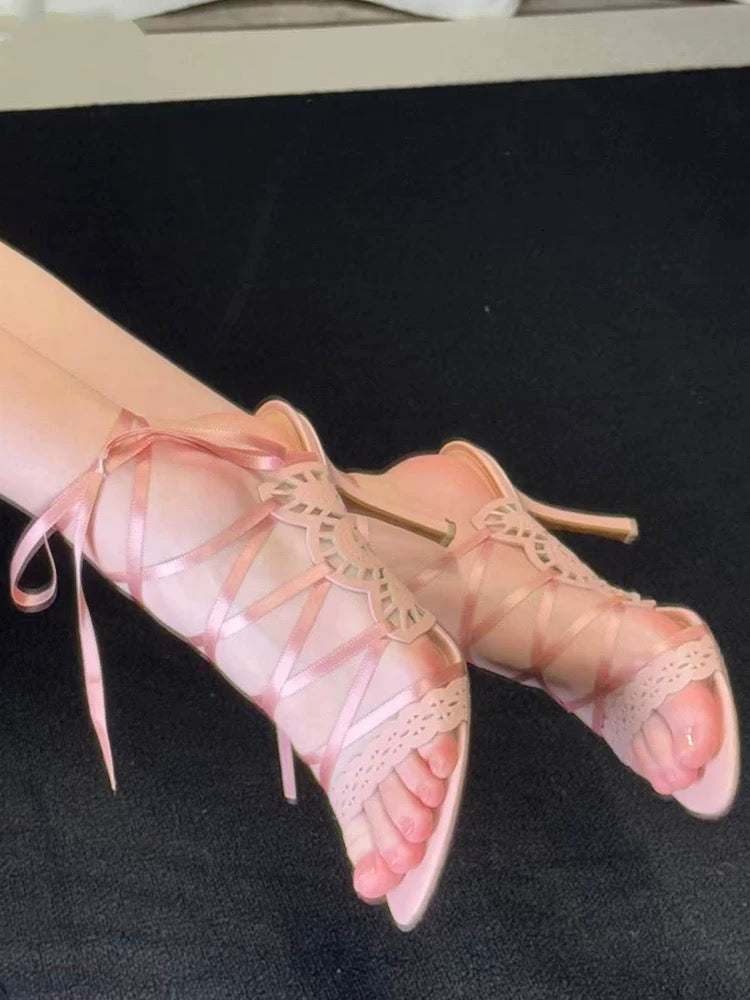Vintage 2026 New Women Cross Strap High Heels, French Style Stiletto Hollow Printed Gorgeous Fairy Sandals
