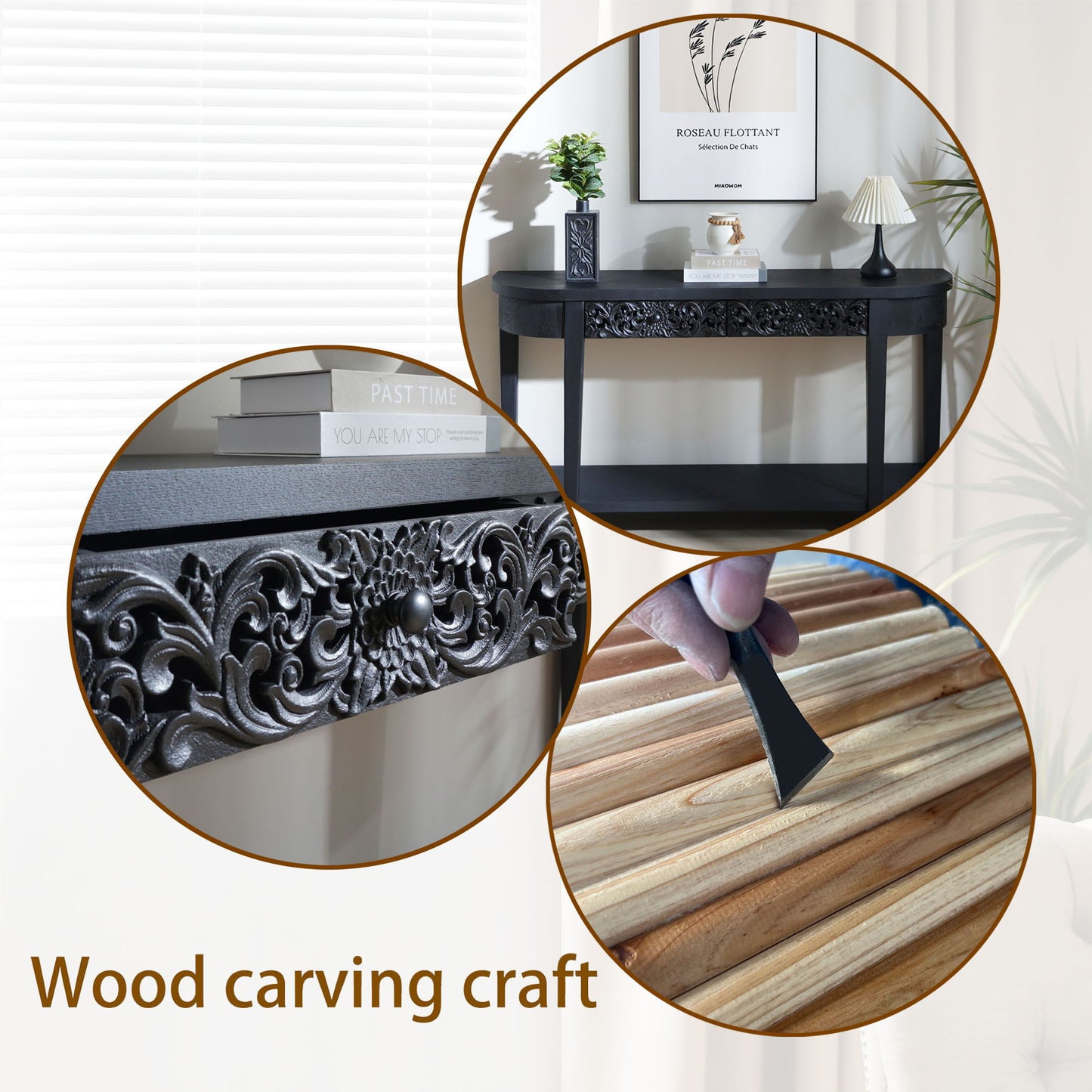 Carved Console Table With Storage Shelf For Living Room - Black