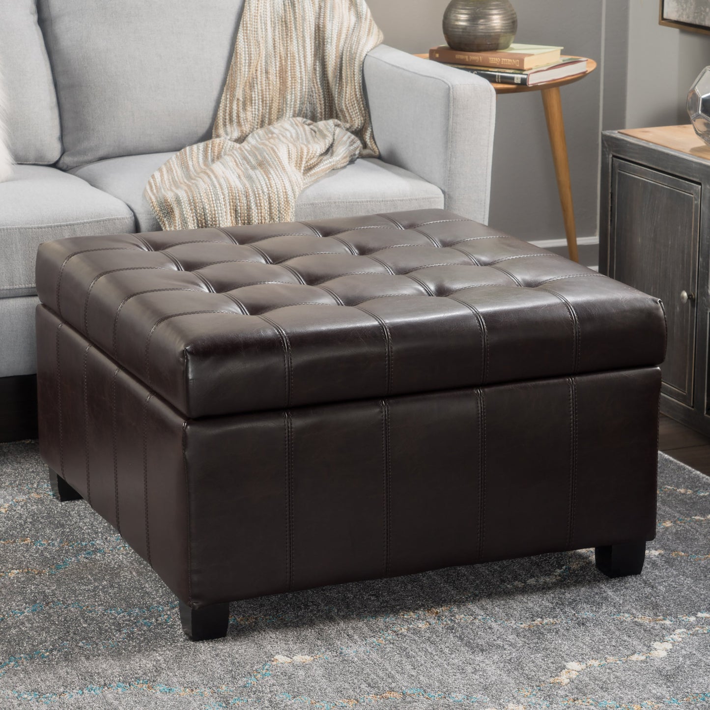 Upholstered Tufted PU Leather Storage Ottoman
