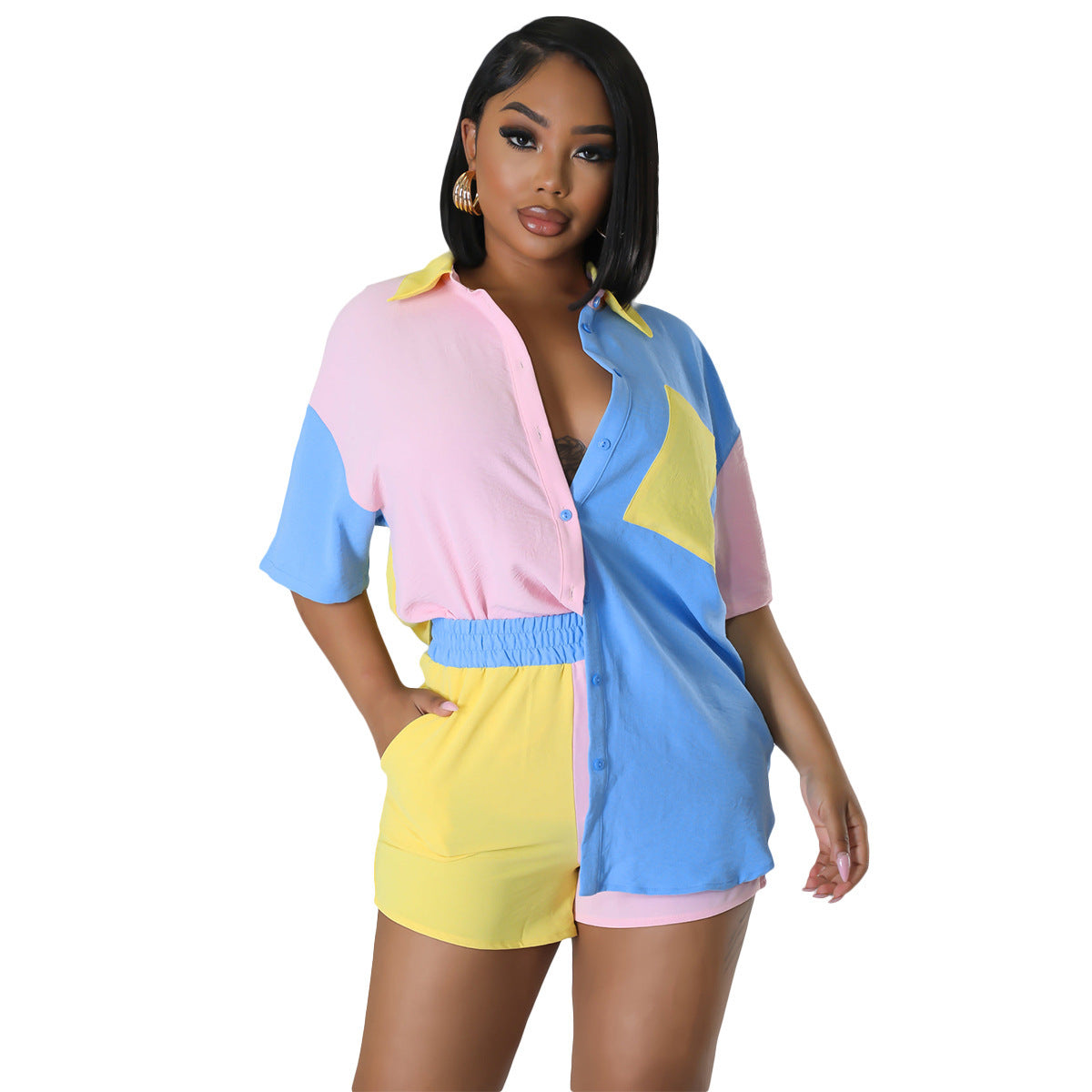 Spring And Summer Color Block Stitching Short-sleeved Shirt Pocket Shorts Suit