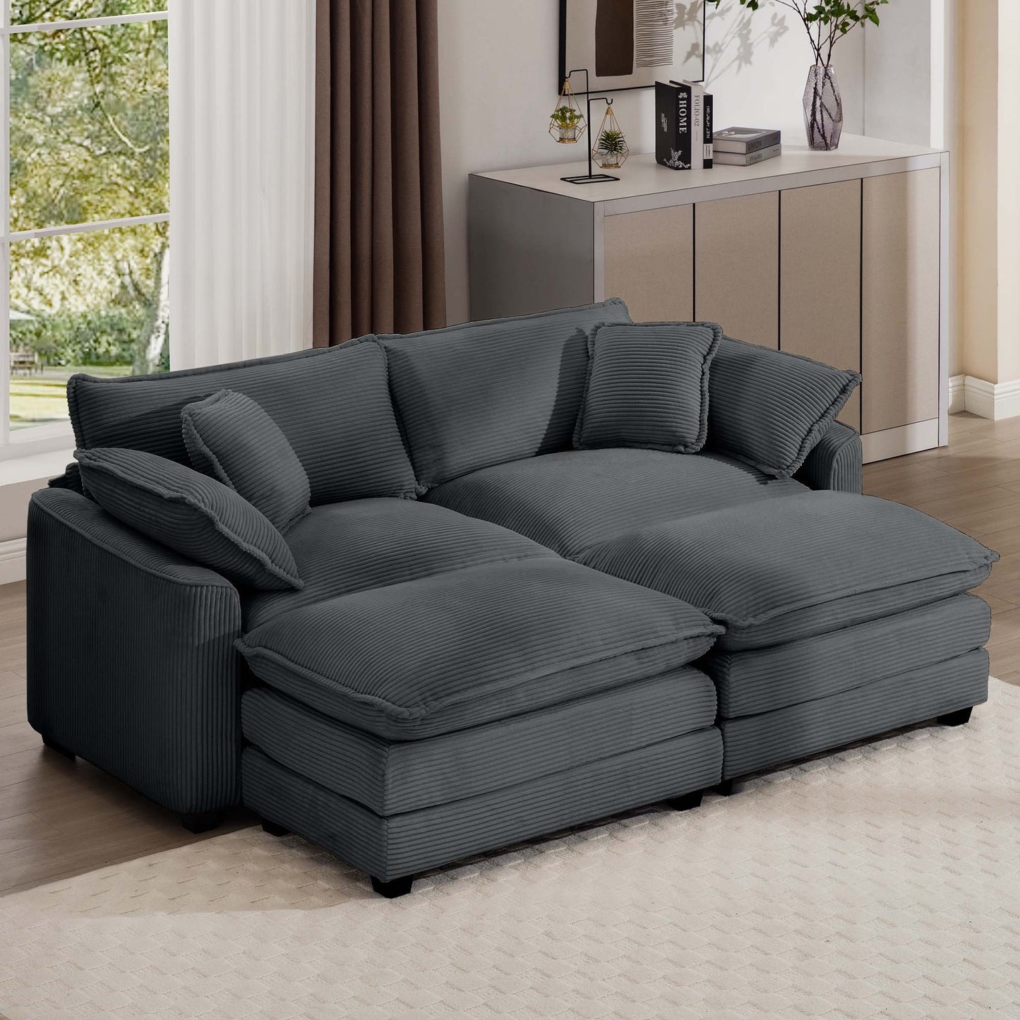 Modern Oversized Modular Cushion Sofa With Ottoman, Low Back, Deep Seating Sofa Set