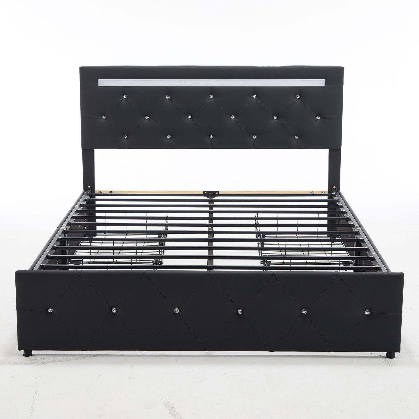 Upholstered Bed Frame With LED Lights, 4 Storage Drawers, Charging Station