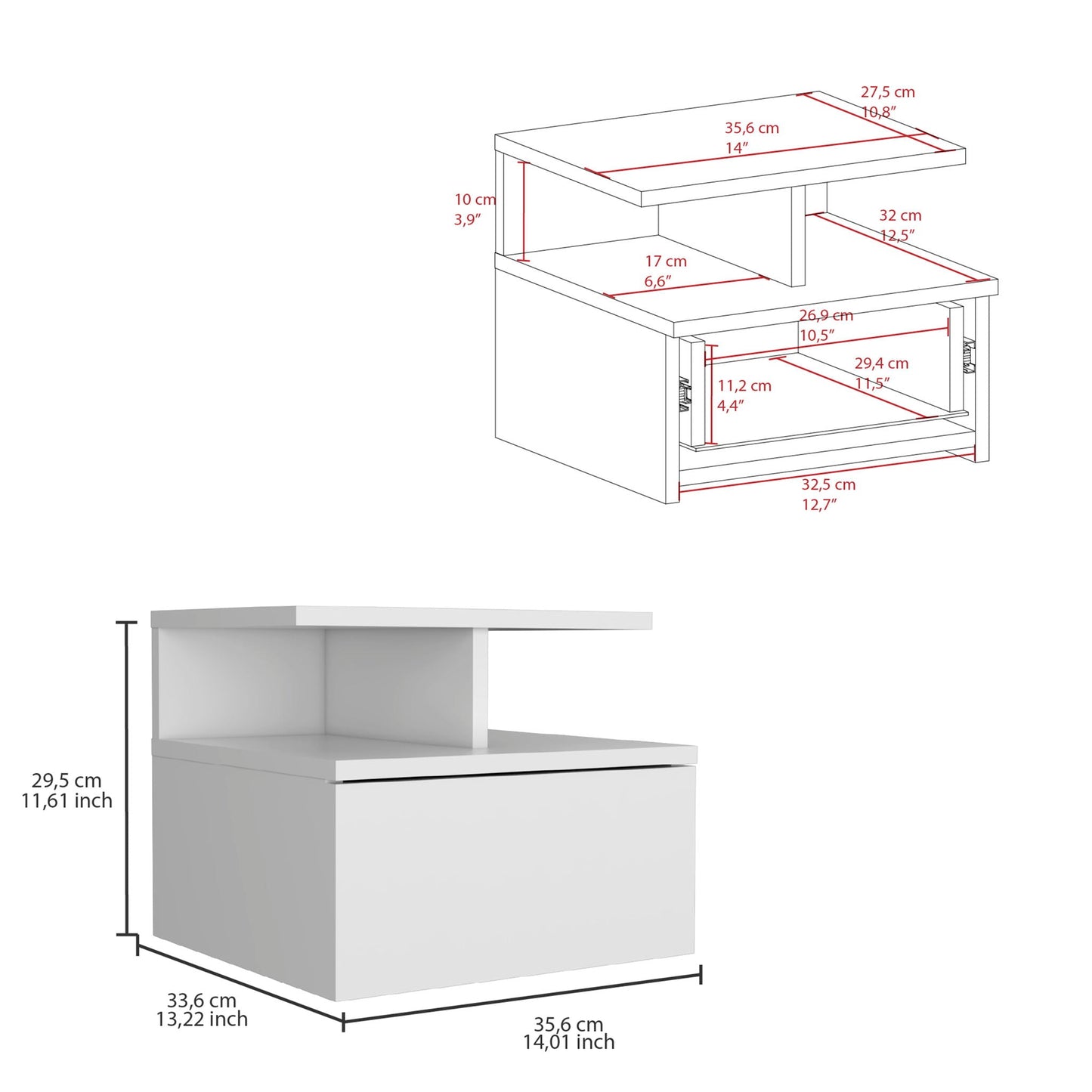 Flopini Floating Nightstand With 1 Drawer - Compact Size, White