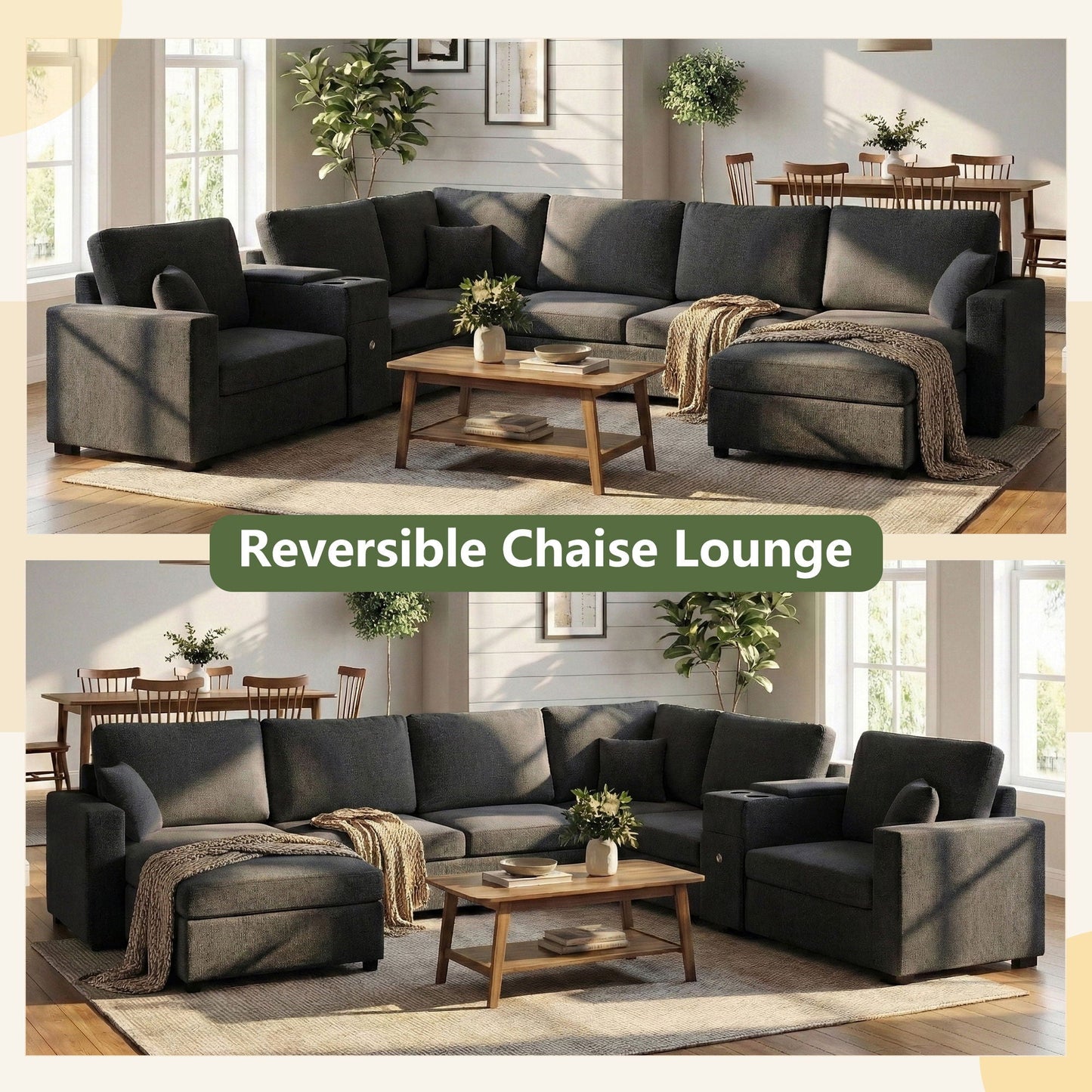 Modular 5 Seat U-Shape Sectional Sofa With Chaise Lounge, Built In Cup Holders And Storage Drawer