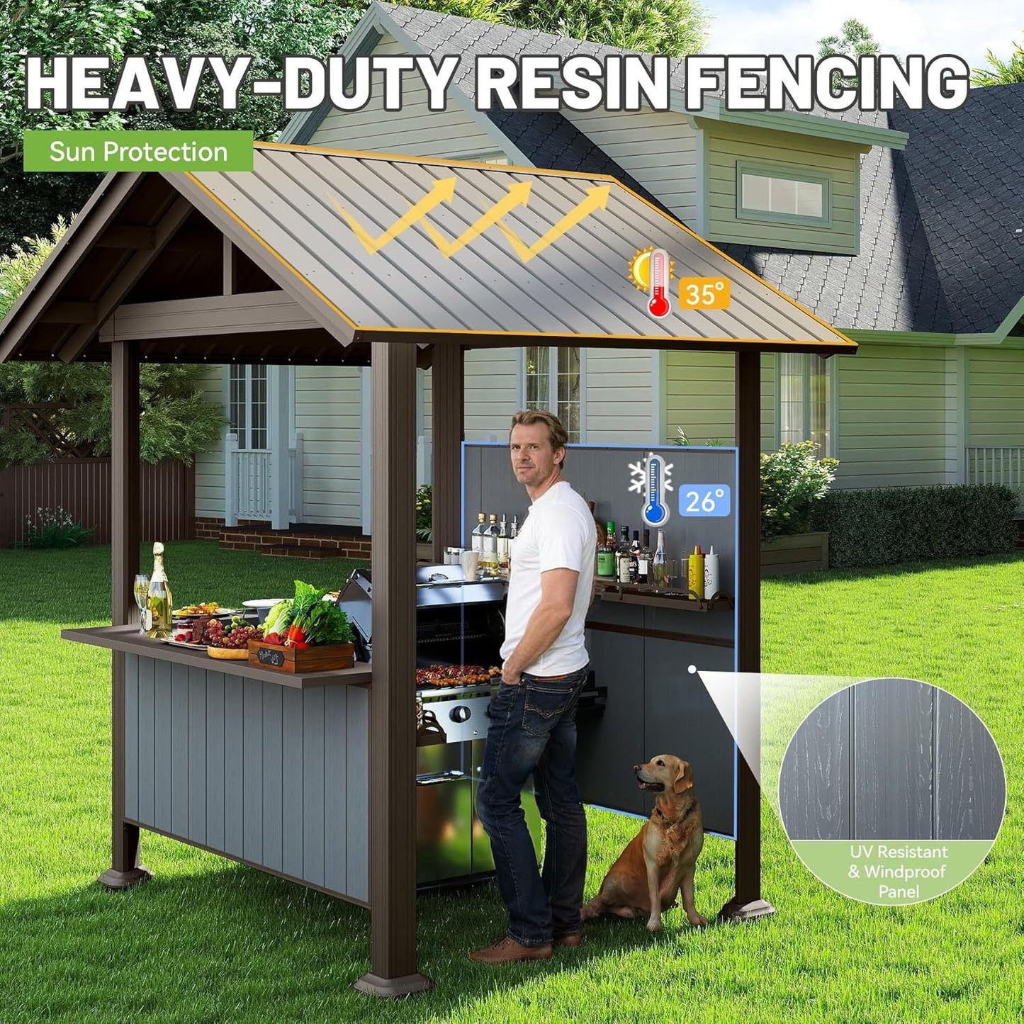 9.4x6.2 FT Hardtop Grill Gazebo with Storage Shelves & Resin Shade System