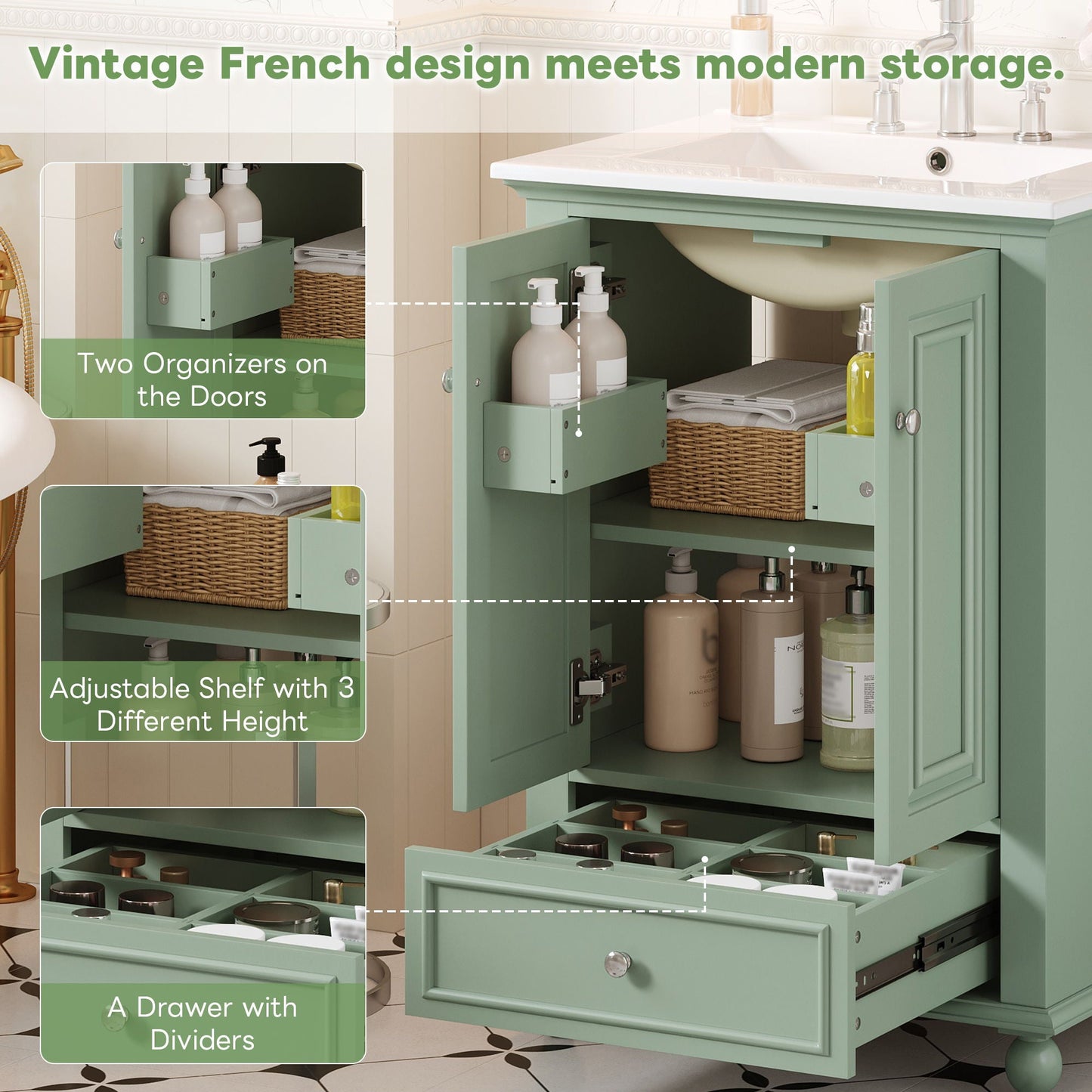 Modern Bathroom Vanity With Sink, Cabinet With Drawer And Dividers, Rectangular Storage Unit