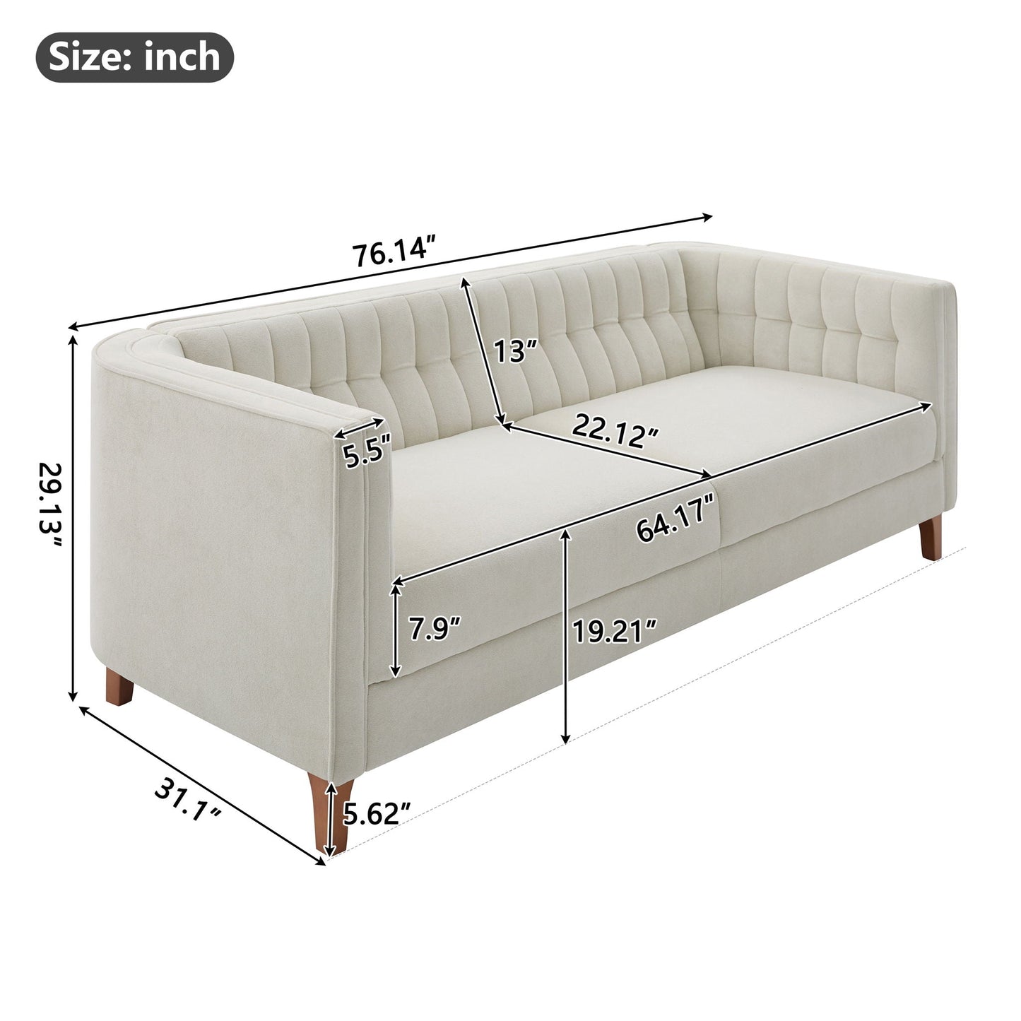 Modern 3 Seater Sofa Upholstered Couch with Curved Armrests