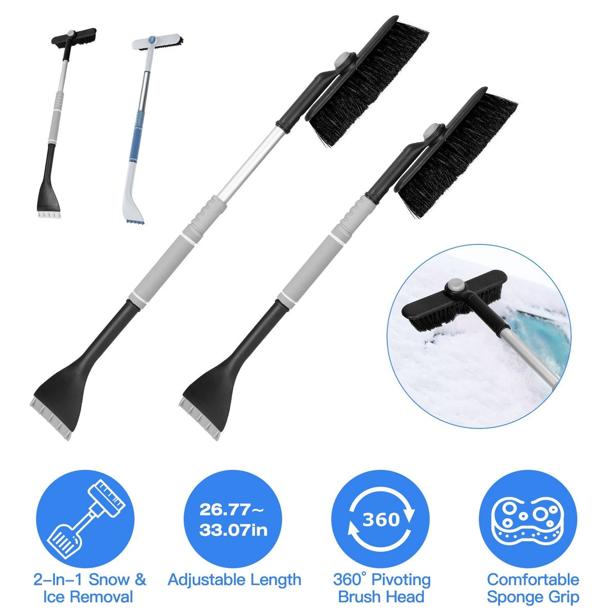 2 In 1 Ice Scraper Extendable Car Snow Brush Telescopic Snow Removal Tool Automobile Snow Shovel Frost Removal with 360¡ Pivoting Brush Head Sponge Gr
