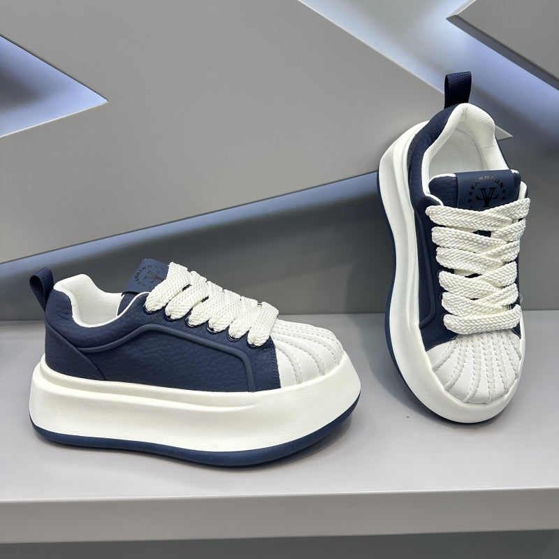 New Autumn Shell Toe Leather Sports Casual Skate Shoes, Versatile Thick Sole Low-top White Sneakers