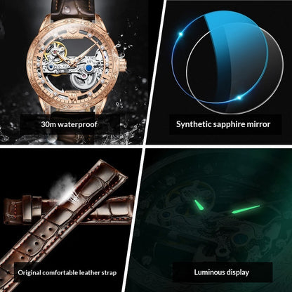 Openwork Mechanical Watch With Waterproof Leather Strap For Men