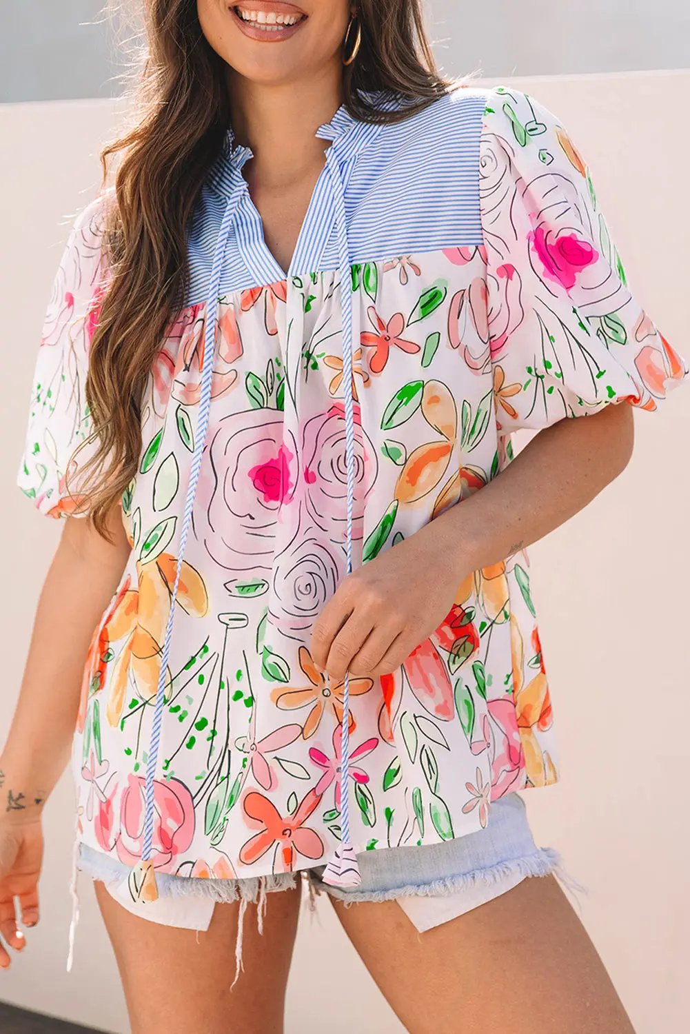 Blouse - Floral Stripe Puff Sleeve Frill Neck - Daily Wear