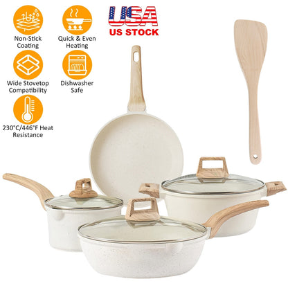 Kitchen Cookware Set Pots and Pans Set White Nonstick Granite Coating Dishwasher Safe Fast Even Heat Induction Frying Pan Stockpot Sauce Pan