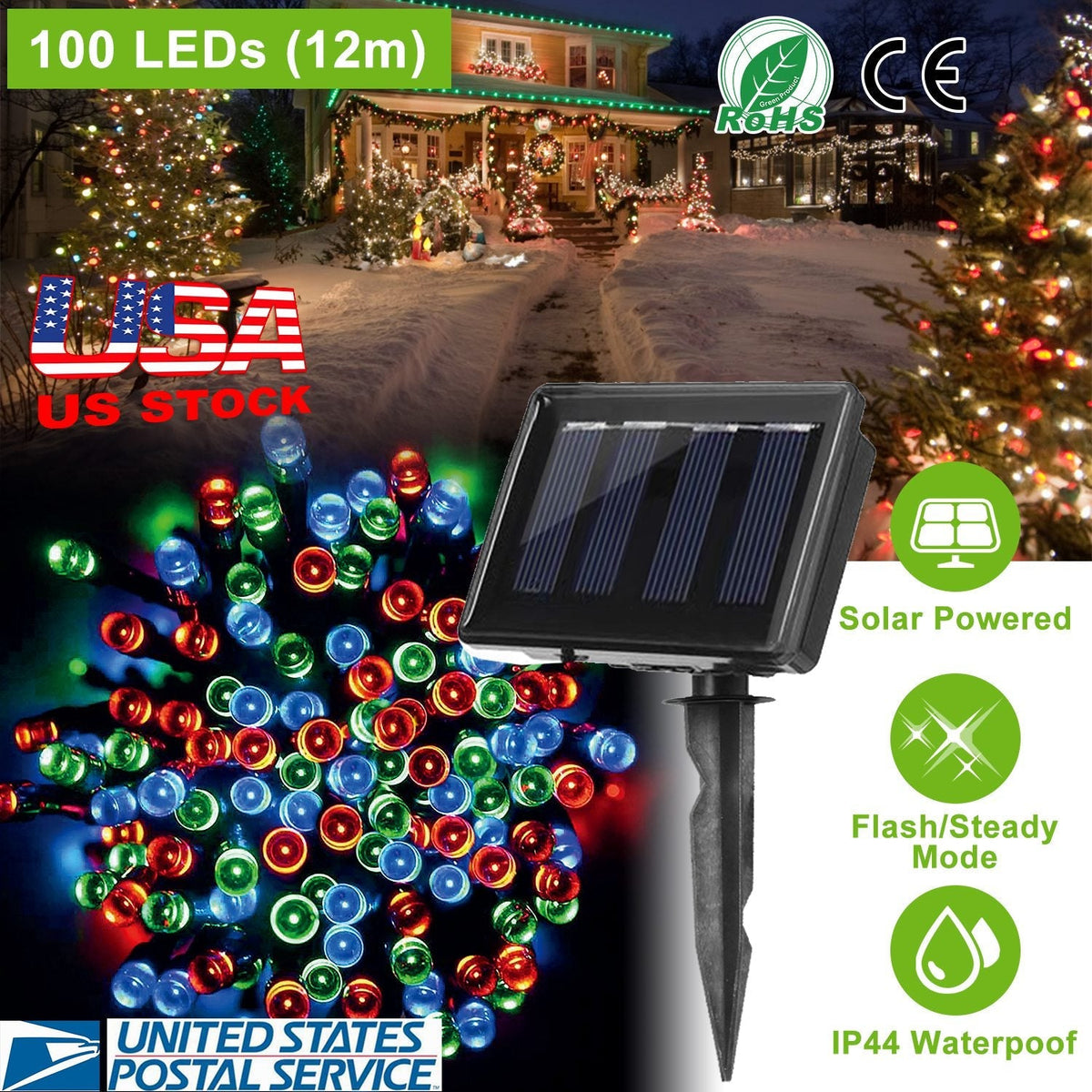 12M 100 LEDs Solar String Fairy Lights Multicolor String Lamps Garden Xmas Lamp