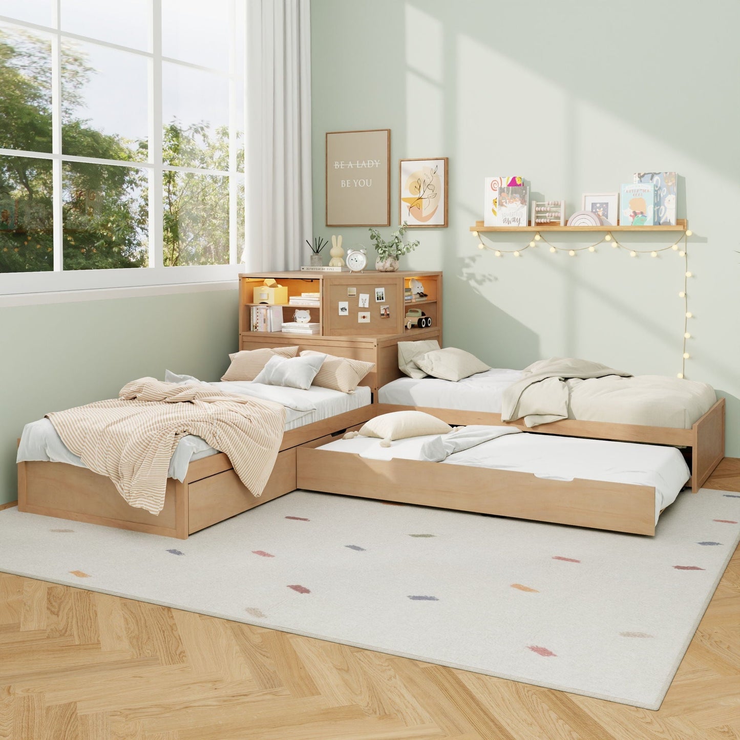 L-Shaped Bed Frame With Trundle, Built In Desk & LED Lighting