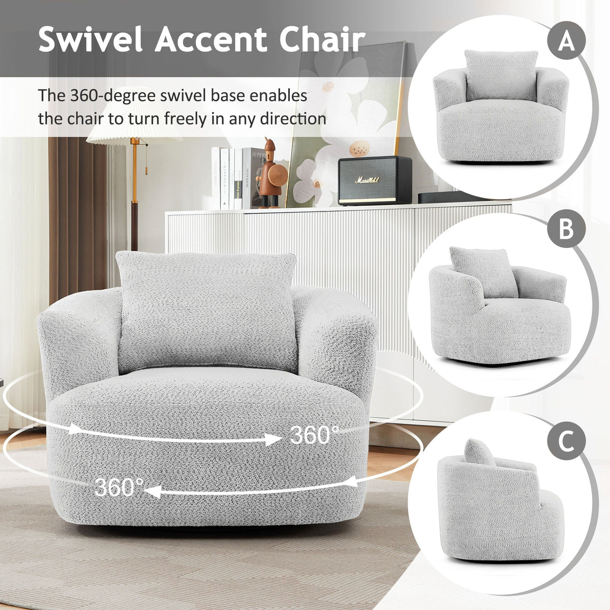 360° Swivel Barrel Sofa Chair With Throw Pillow, Upholstered Accent Chair