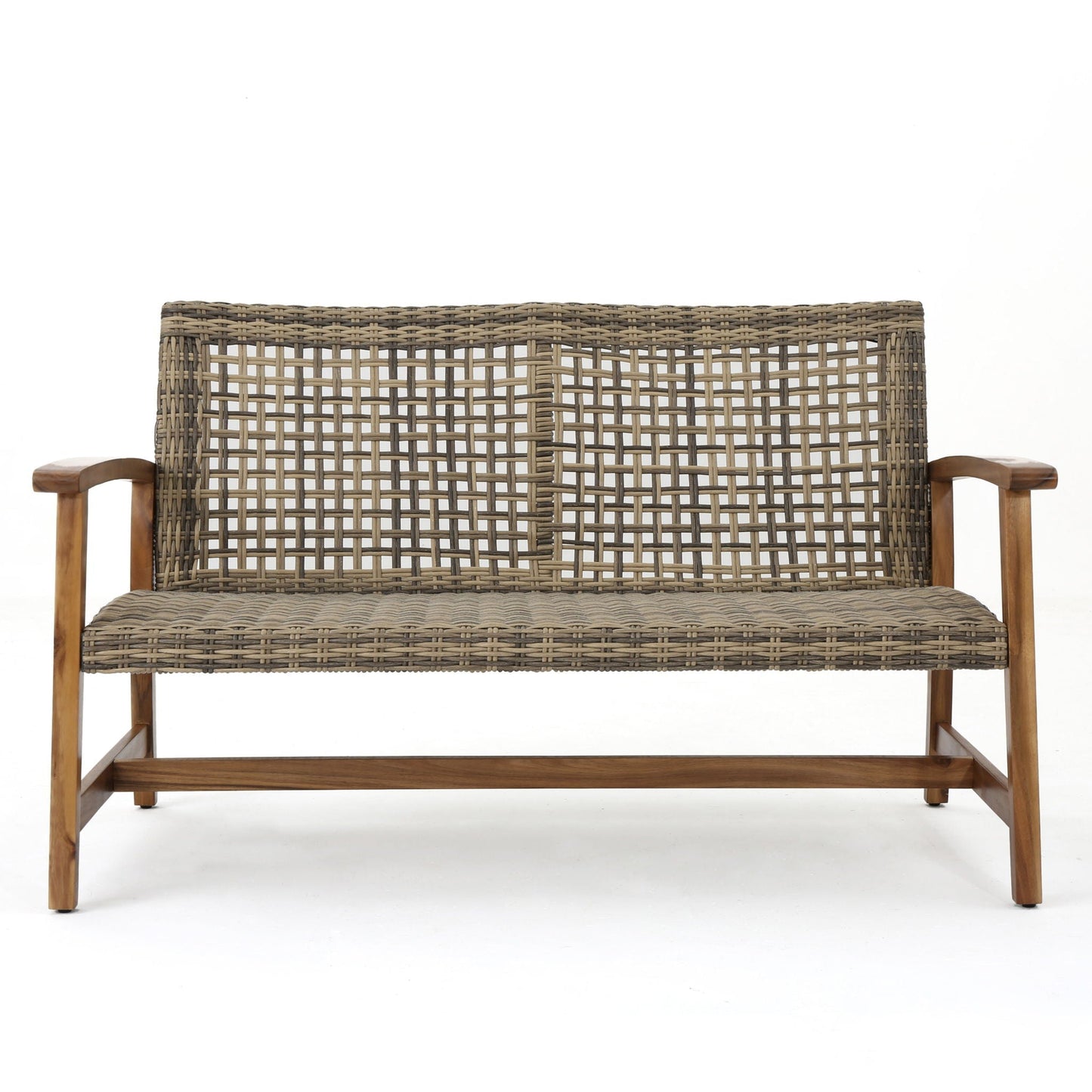 Outdoor Rattan Loveseat with Wooden Legs - Brown