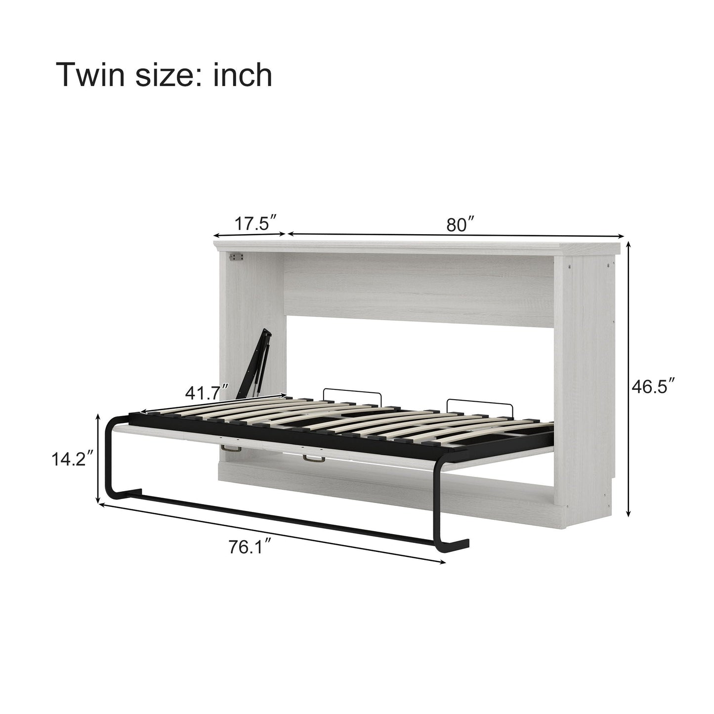 Twin Size Horizontal Murphy Bed With Dual Piston System, Space Saving Wall Bed Folds Into Cabinet - Rustic White