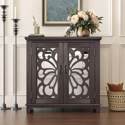 Elegant Sideboard With 2 Acrylic Mirrored Doors, Adjustable Shelf Storage