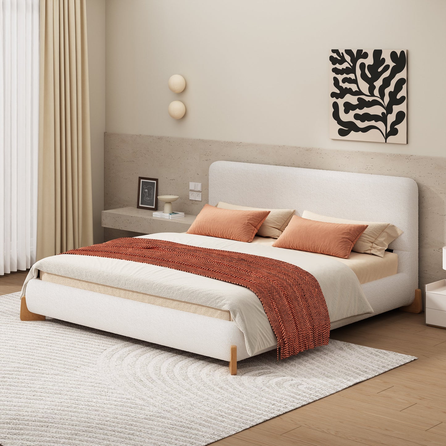 Elegant Boucle Upholstered Bed, Queen Size