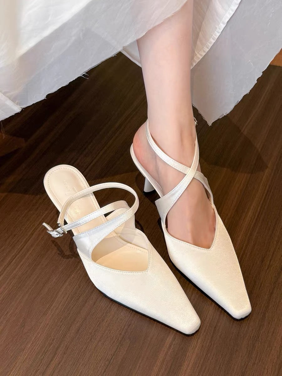Women French Pointed Toe High Heels, Cross Strap Stiletto Closed Toe Sandals, Luxury Satin Fashion Pumps