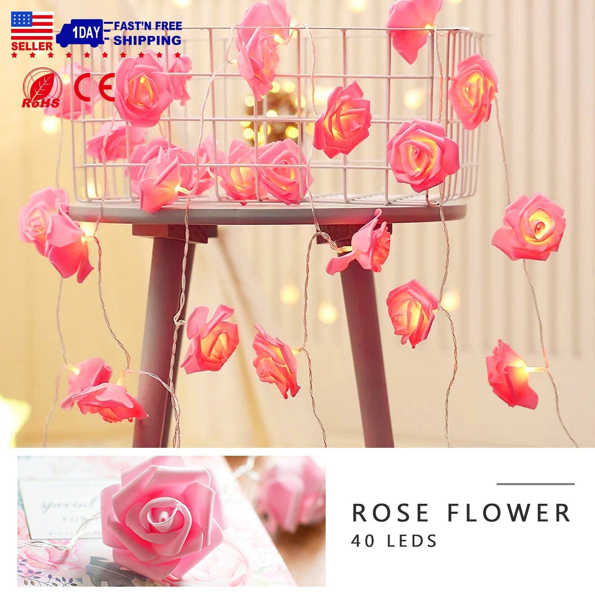 40 LEDs Rose Flower String Lights 10ft/3m Battery Operated Decorative Lights for Anniversary Valentine\'s Wedding Bedroom