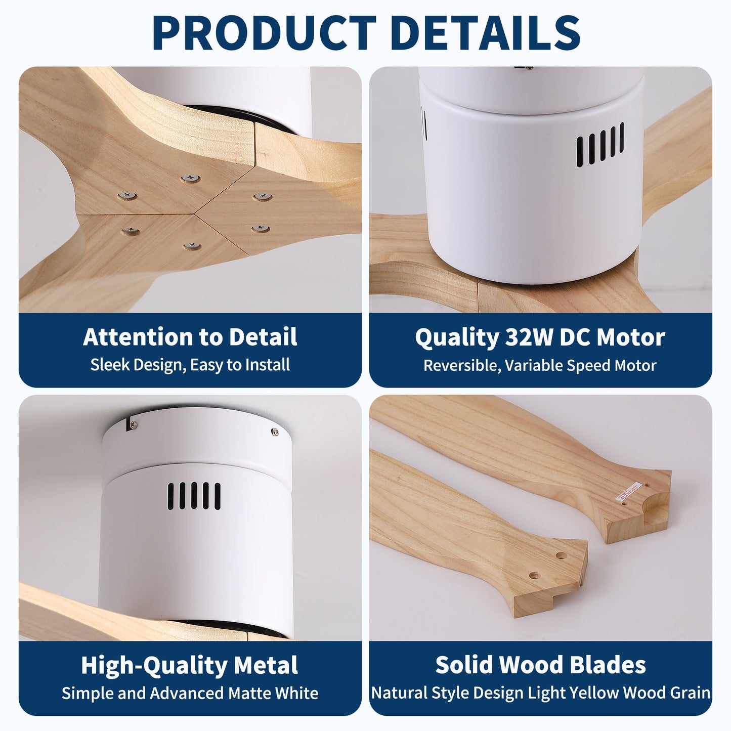 Low Profile Flush Ceiling Fan Without Light - Matte White / White