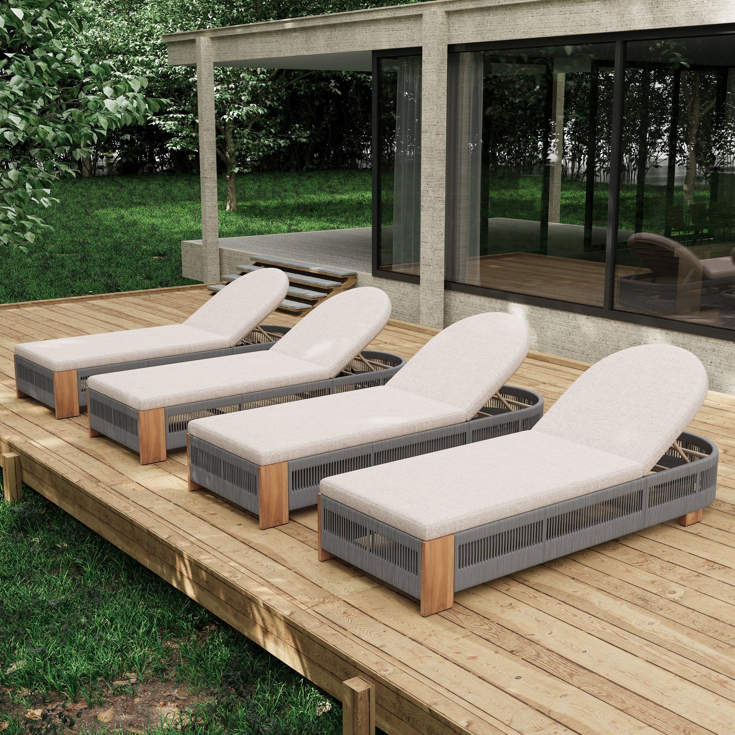 Outdoor Acacia Wood Patio Adjustable Lounge Chair Set of 4 - Grey Rope
