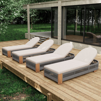 Outdoor Acacia Wood Patio Adjustable Lounge Chair Set of 4 - Grey Rope