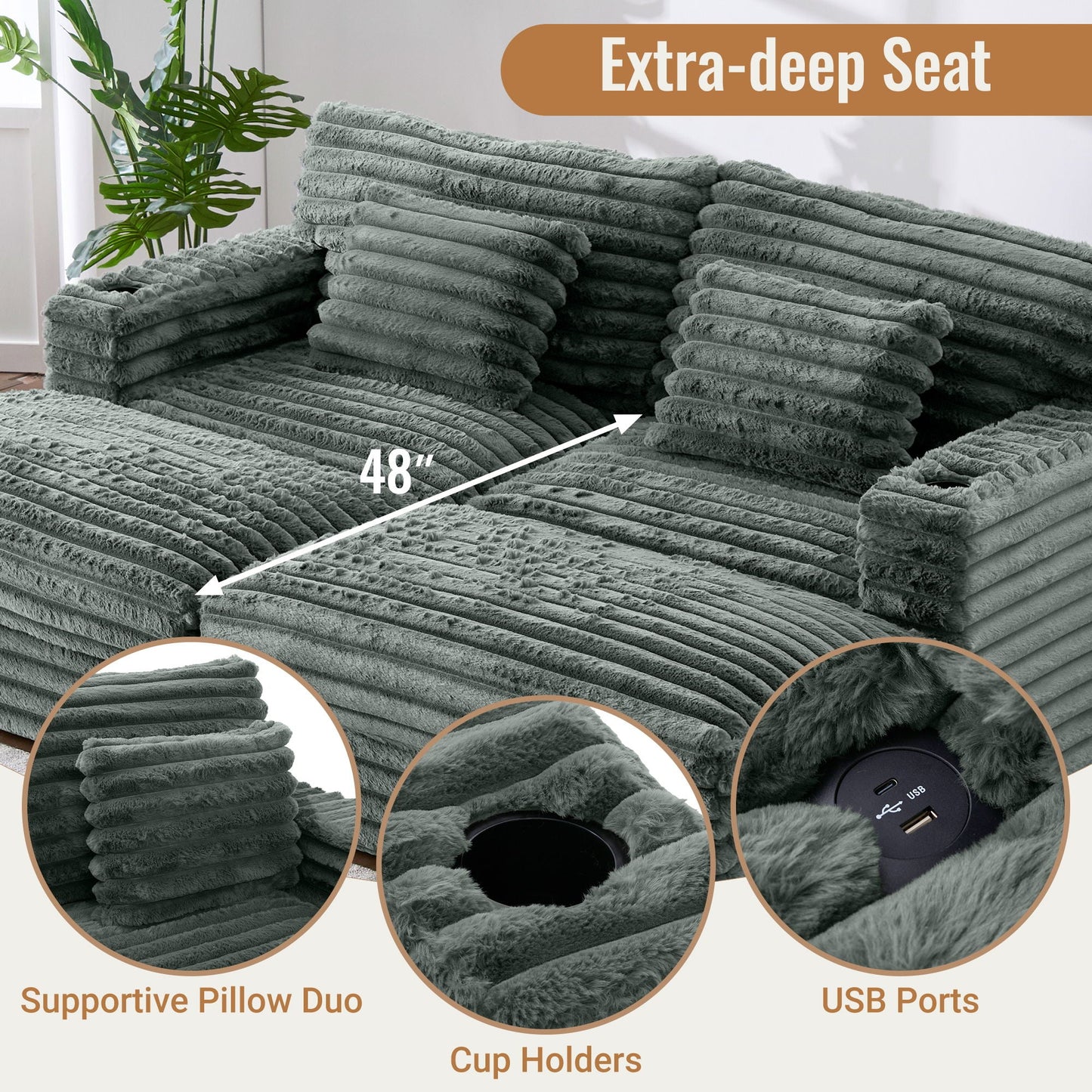 Oversized Double Chaise Lounge Sofa Bed With USB Ports And Cup Holders