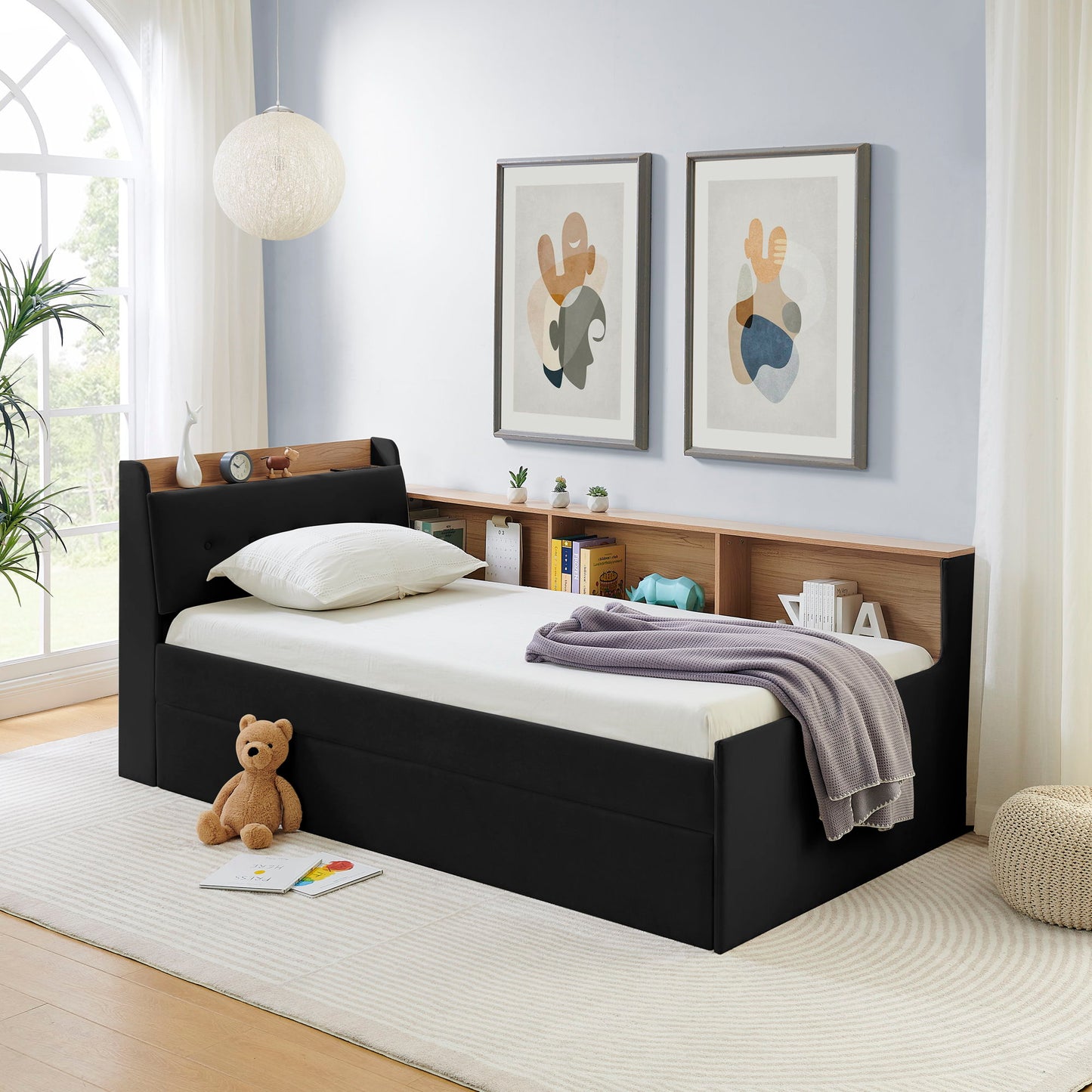 Upholstered Daybed With Storage Headboard, Wireless Charging, LED Lights